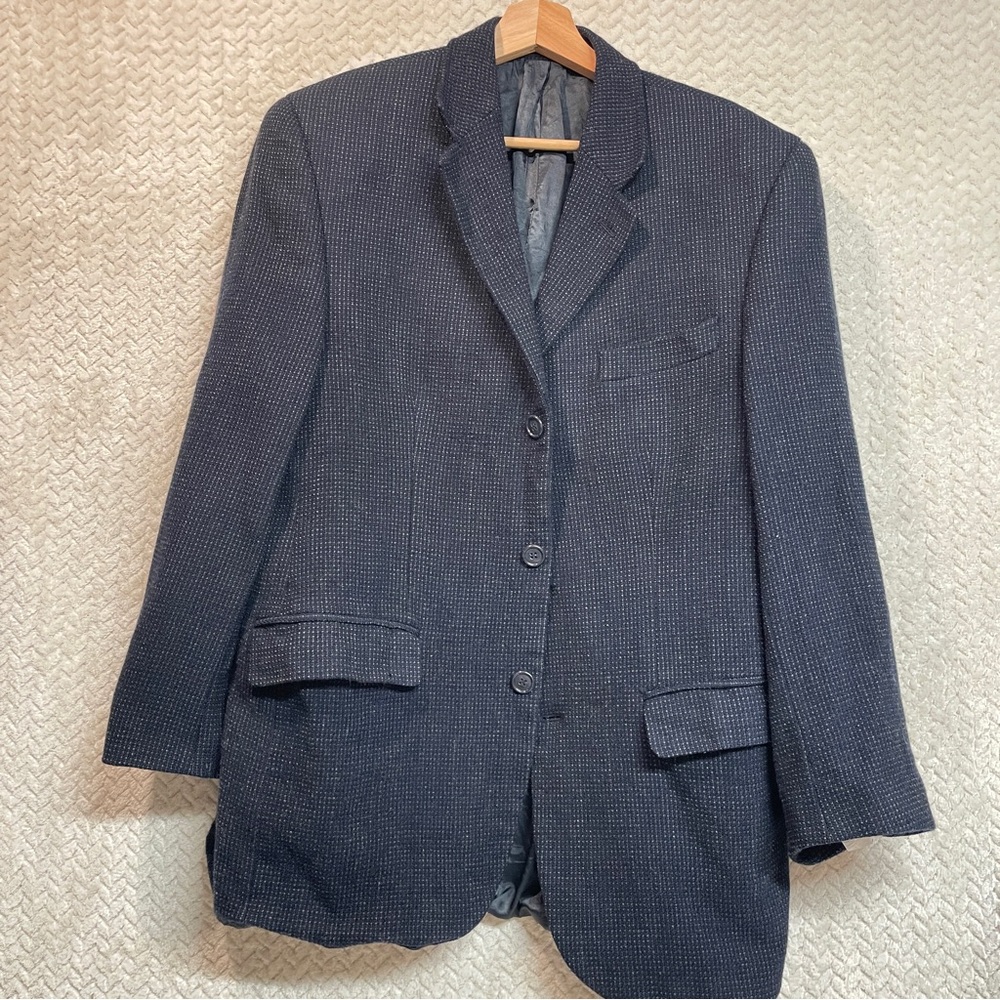 Vintage Calvin Klein Textured Wool Notched‎ Navy Blazer Business Casual Preppy